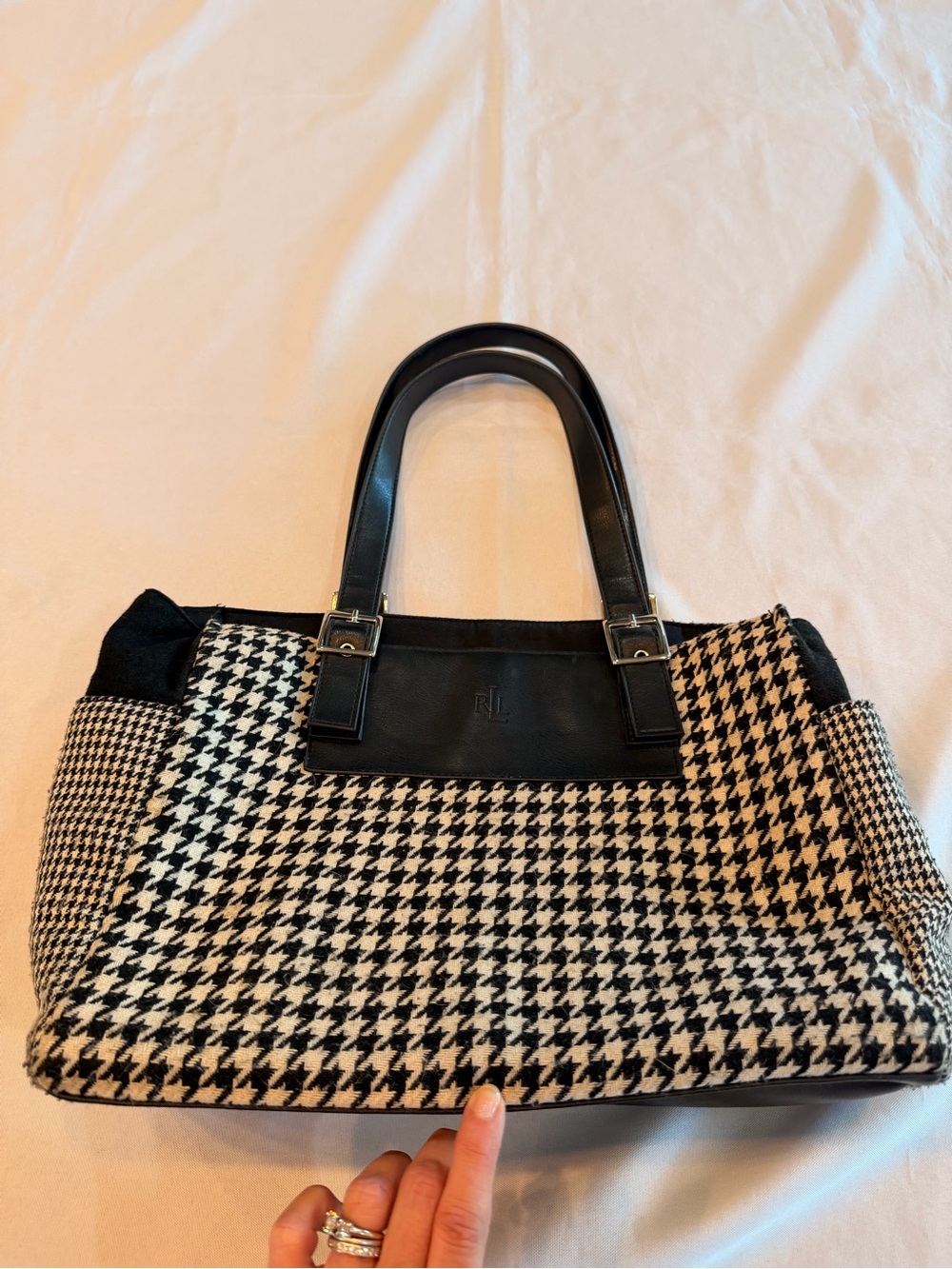 Lauren Ralph Lauren Black & White Houndstooth Leather-Trim Tote